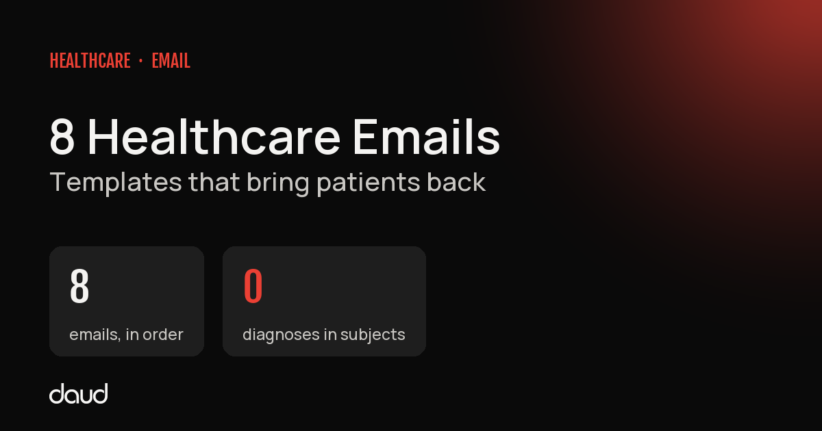 Healthcare email examples: eight emails in order, with no diagnoses in the subject lines